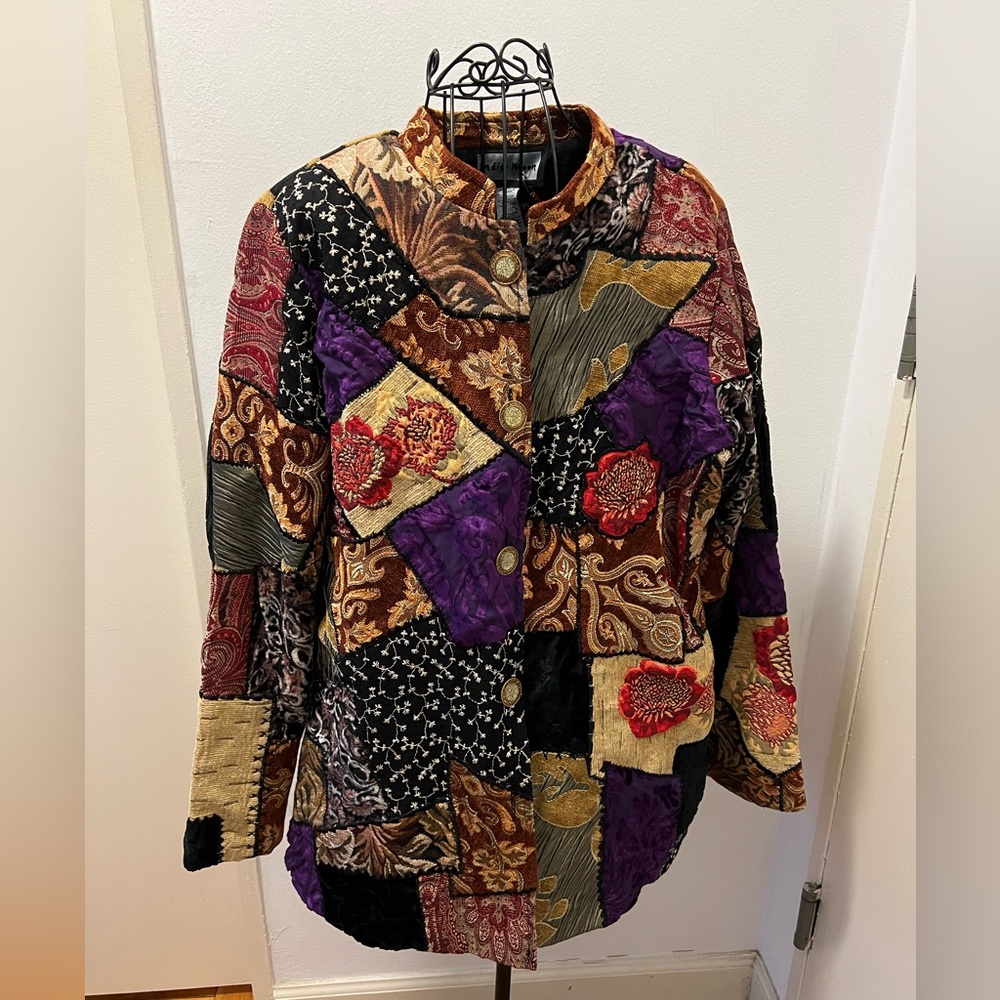 90s Purple Velvet Patchwork Gold Glitter Button Up Jacket Coat